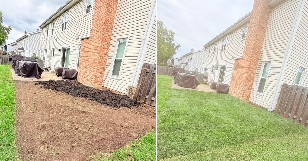 Existing lawn removed around backyard patio before grading and drainage improvements at a Winnetka, IL home