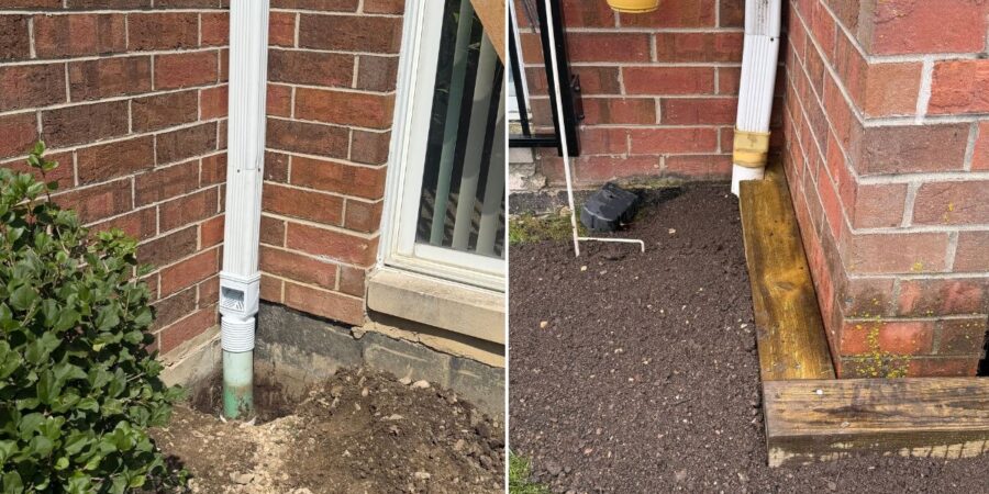 Five existing downspouts connected to a coordinated underground drainage system along the north side of a residential building in Long Grove