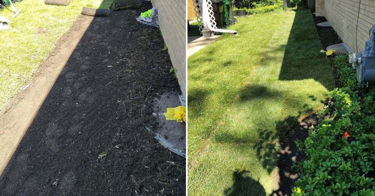 Drainage and grading improvements in Highland Park, IL featuring a swale, solid PVC downspout extensions, river rock drainage area, and lawn restoration.