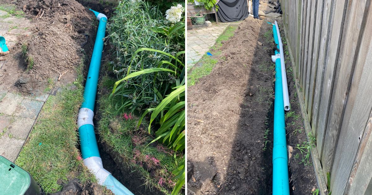 Drainage project in Schiller Park, IL with 6-inch PVC piping, downspout connections, French drain, leaf guards, and river rock.