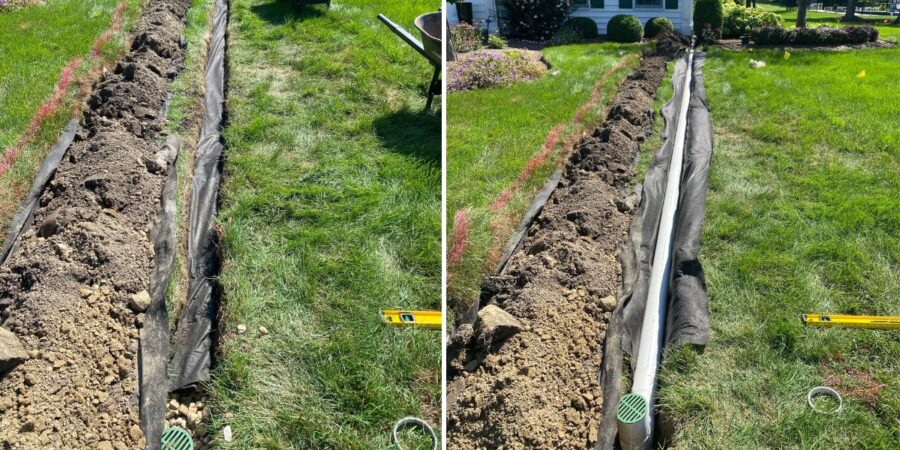 French drain installation in Deerfield, IL extending east from the original sump pump discharge point through the southwest front yard.
