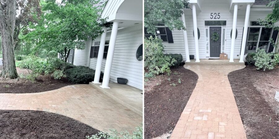 Straight front brick walkway reconstructed from existing pavers with a compacted gravel base, sand, and edging in Harwood Heights, IL.
