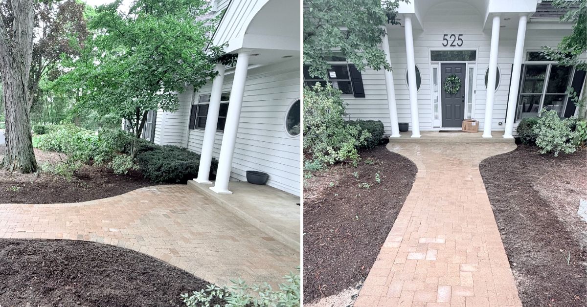 Straight front brick walkway reconstructed from existing pavers with a compacted gravel base, sand, and edging in Harwood Heights, IL.