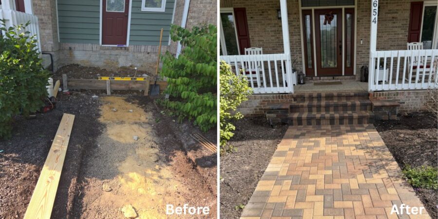 Front entrance renovation in Elmhurst, IL with Hollandstone paver installation replacing existing brick steps and walkway.