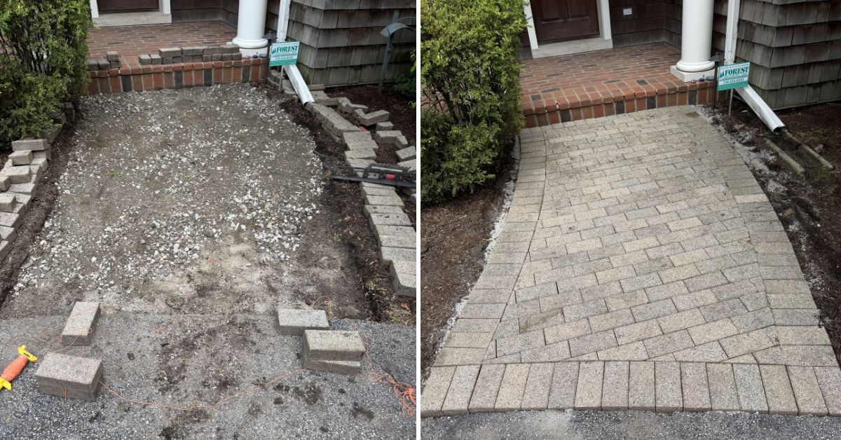 Landscape renovation project in Inverness, IL with bluestone pathways, lawn restoration, shrubs, perennials, and multiple entrance improvements.
