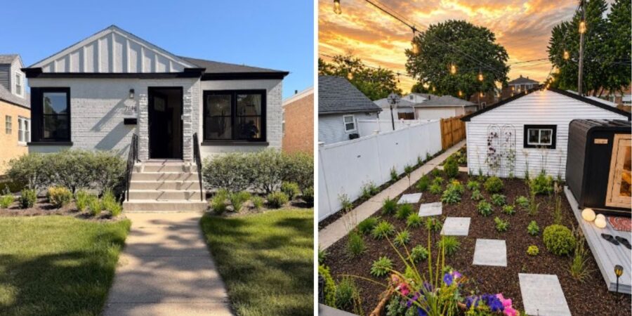 Landscape installation in Glencoe, IL featuring foundation plantings, Japanese Maple, ornamental grasses, perennial flowers, decorative steppers, and fresh mulch.