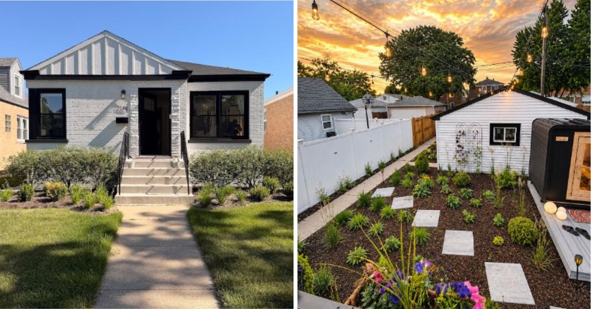 Landscape installation in Glencoe, IL featuring foundation plantings, Japanese Maple, ornamental grasses, perennial flowers, decorative steppers, and fresh mulch.