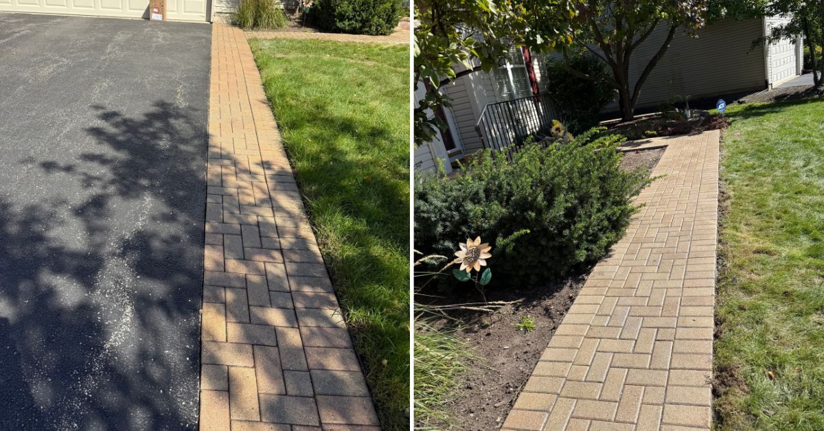 Existing brick pavers being removed from the front entrance walkway for base adjustment and restoration in Riverwoods, IL.
