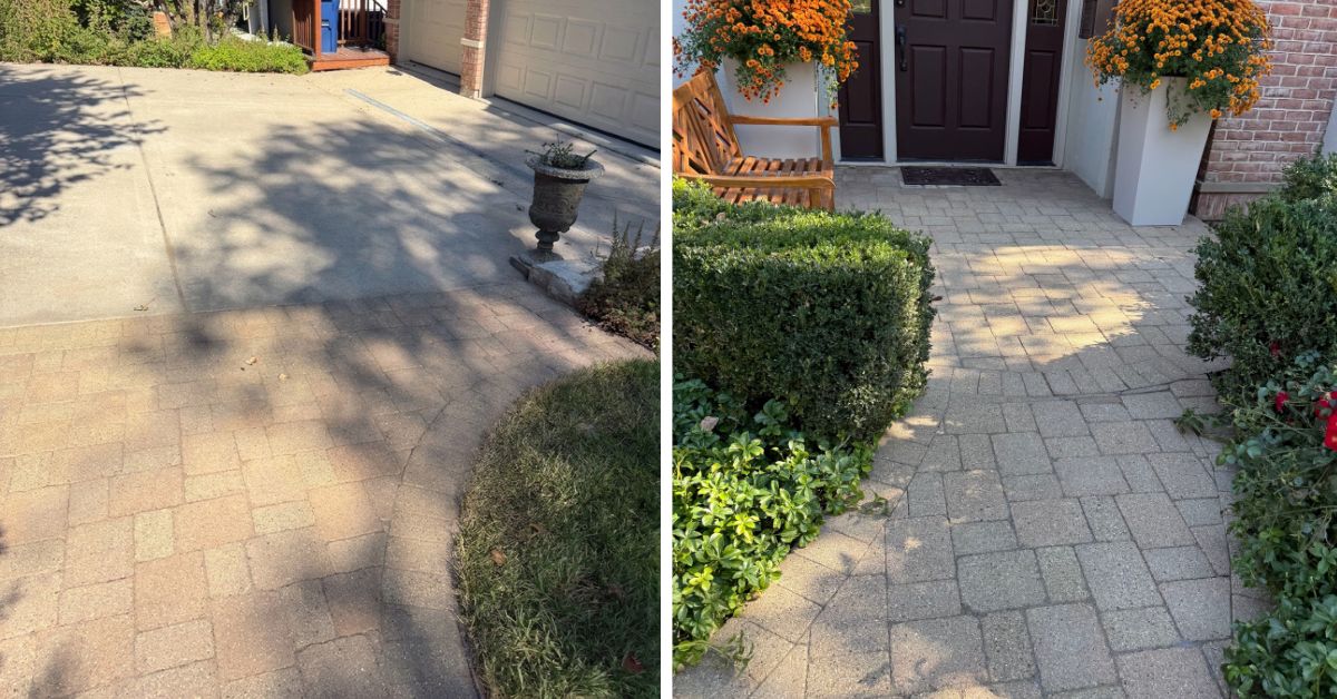 Existing pavers being repaired at the front entrance of a Northbrook, Illinois, home as part of a hardscape maintenance project.
