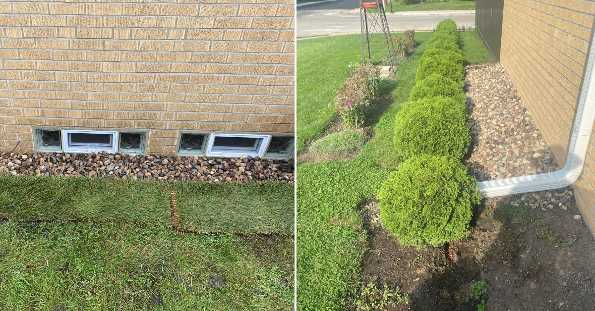 Professional metal landscape edging installation along a front flower bed behind arborvitae at a residential property in Arlington Heights, IL.