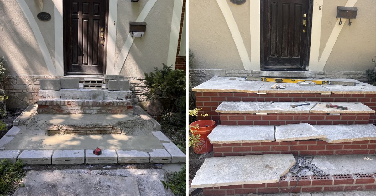 Hardscape renovation in Niles, IL with flagstone stairs, paver restoration, retaining wall cleaning, and stair lighting installation.