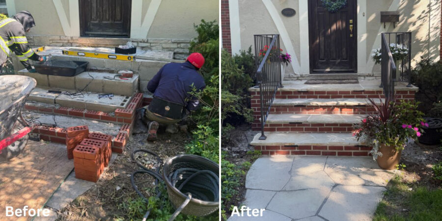 Front stair reconstruction in Park Ridge, IL featuring reinforced concrete steps, matching brick facing, natural flagstone treads and landing, low-voltage lighting, and aluminum railings.