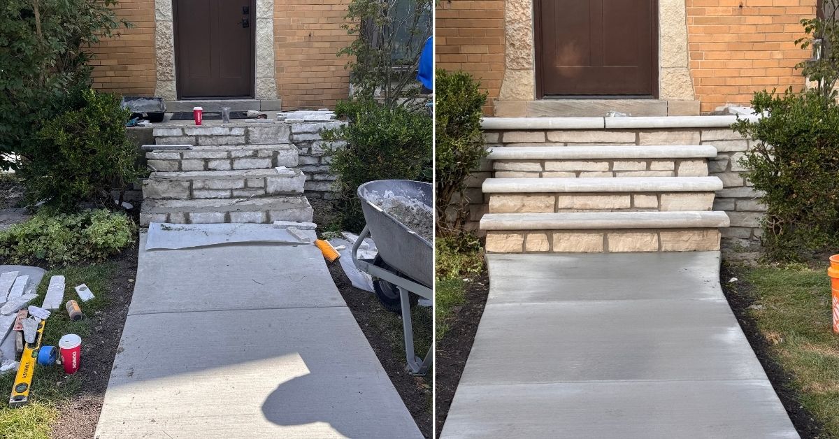 Front and side entrance renovation in Lake Bluff, IL featuring reinforced concrete stairs, new concrete walkways, Lannon stone veneer, Indiana limestone treads, and limestone landing pavers.