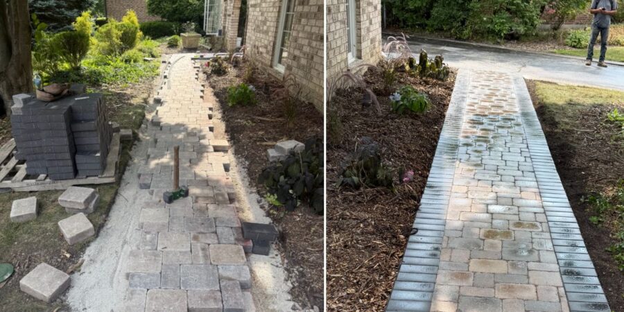 Brussels Brick paver patio and walkway installation in Edison Park, IL with new walkways, stone base, and durable hardscape construction.