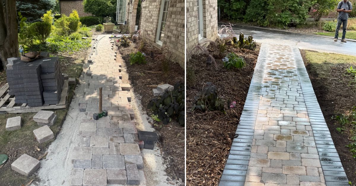 Brussels Brick paver patio and walkway installation in Edison Park, IL with new walkways, stone base, and durable hardscape construction.