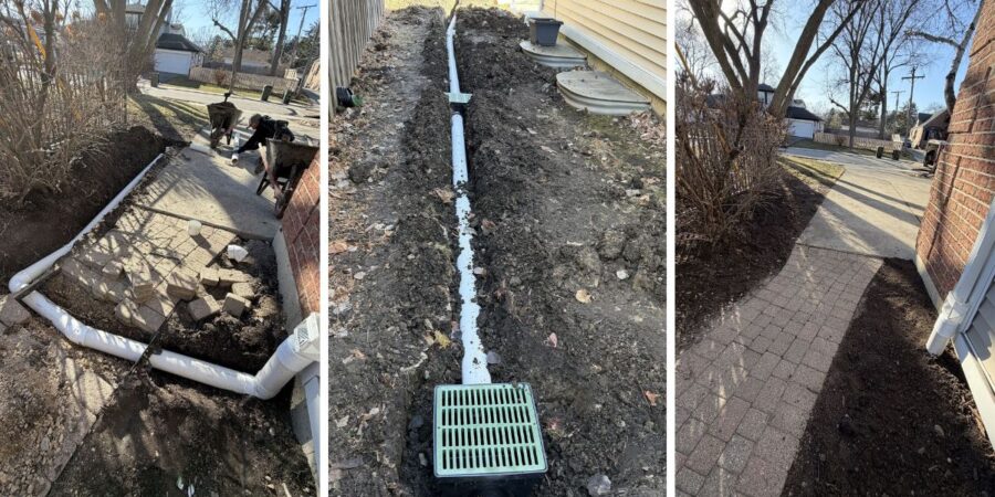 Underground drainage system with catch basins and PVC pipes installed beneath stone walkway in Glenview IL