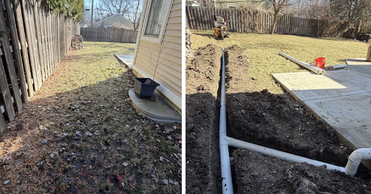 Underground drainage system with catch basins and PVC pipes installed beneath stone walkway in Glenview IL