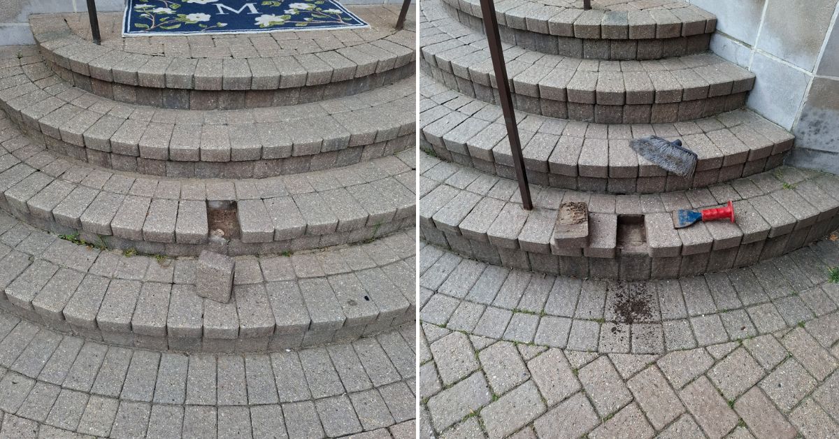 Brick step repair in Wheeling, IL with loose brick removal and restoration for a safer, more durable front entrance.