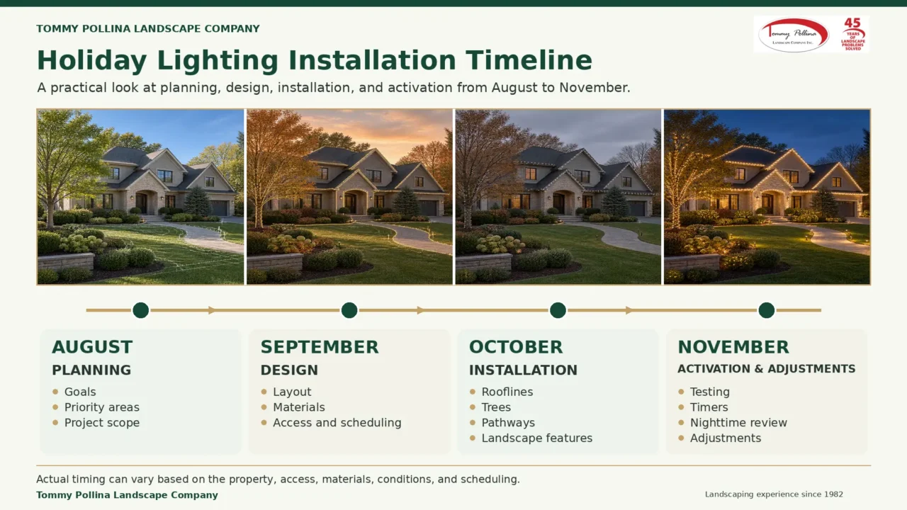 Holiday lighting installation timeline showing August planning, September design, October installation, and November activation and adjustments.
