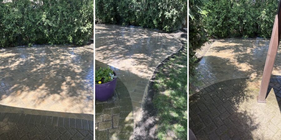 Newly expanded Hollandstone paver patio with rebuilt stoop in Barrington backyard