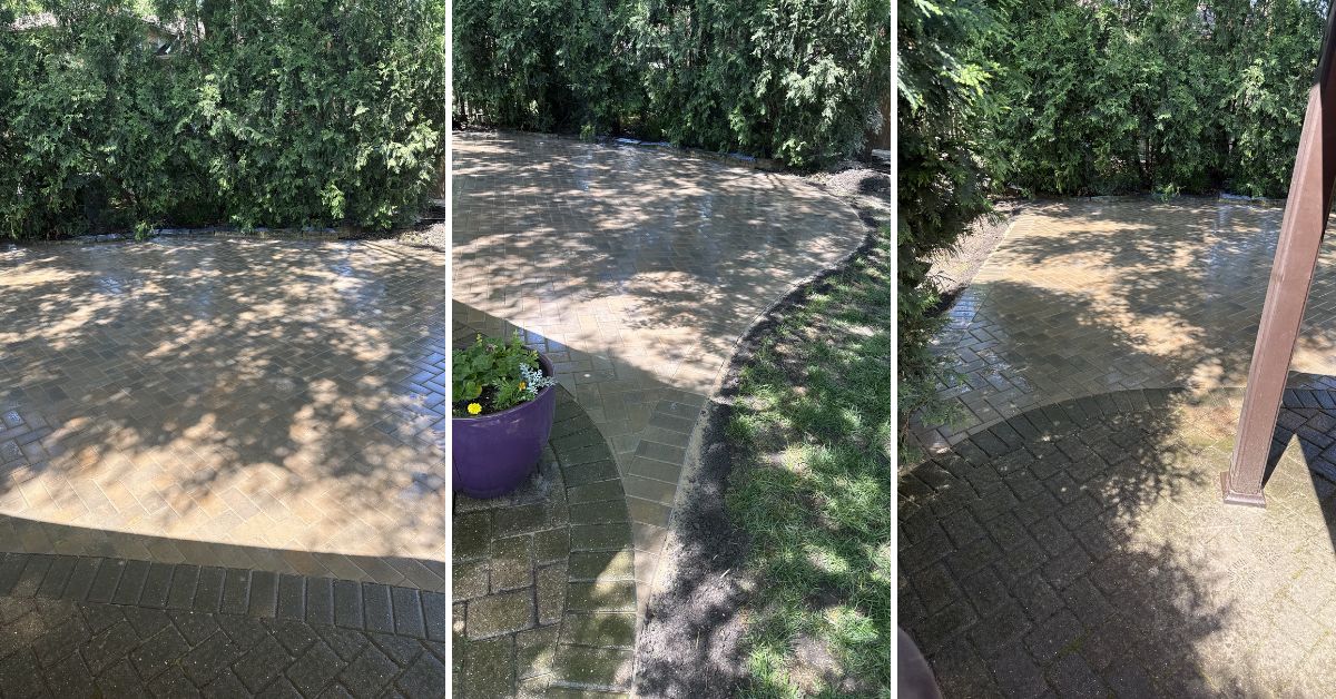 Newly expanded Hollandstone paver patio with rebuilt stoop in Barrington backyard