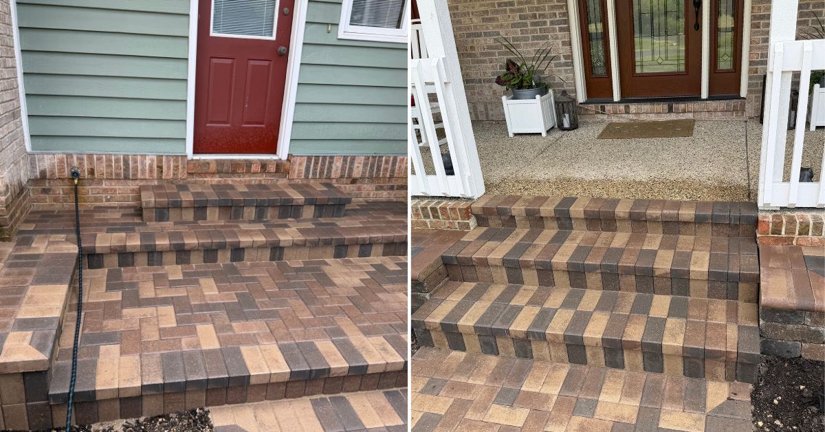 Front entrance renovation in Elmhurst, IL with Hollandstone paver installation replacing existing brick steps and walkway.