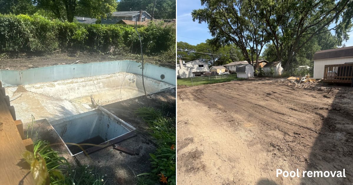 In-ground swimming pool removal project in Mount Prospect, IL with demolition of the existing pool structure and surrounding concrete deck.