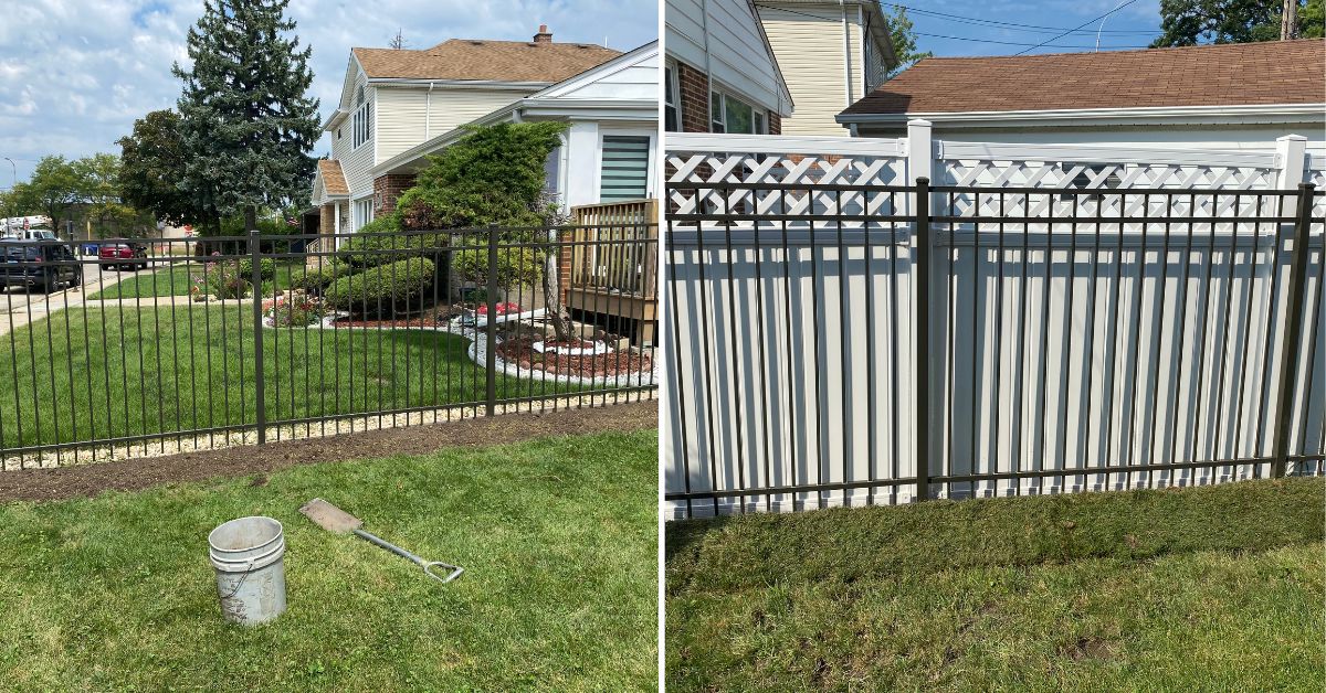 Professional metal landscape edging installation along a front flower bed behind arborvitae at a residential property in Arlington Heights, IL.