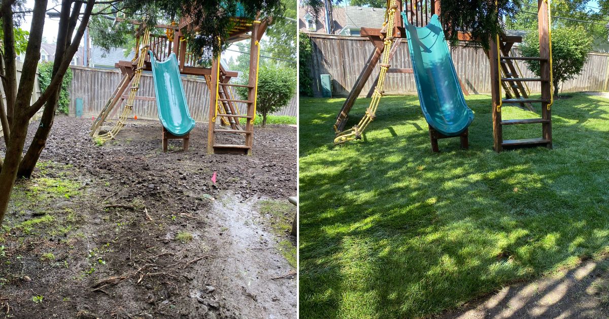 Drainage system upgrade in Edison Park, IL with underground 4-inch PVC piping, downspout connections, leaf guards, and tee discharge assemblies.