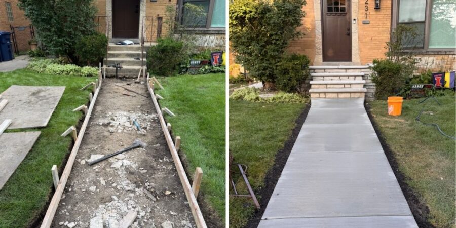 Front and side entrance renovation in Lake Bluff, IL featuring reinforced concrete stairs, new concrete walkways, Lannon stone veneer, Indiana limestone treads, and limestone landing pavers.
