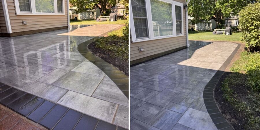 Backyard patio construction project featuring compacted stone base and paver installation in Lincolnwood