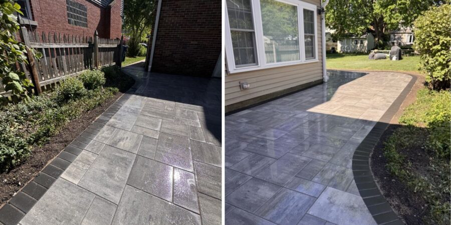 Backyard patio construction project featuring compacted stone base and paver installation in Lincolnwood