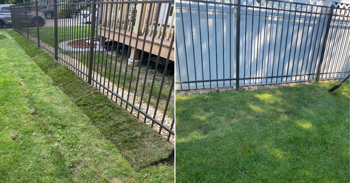Professional metal landscape edging installation along a front flower bed behind arborvitae at a residential property in Arlington Heights, IL.
