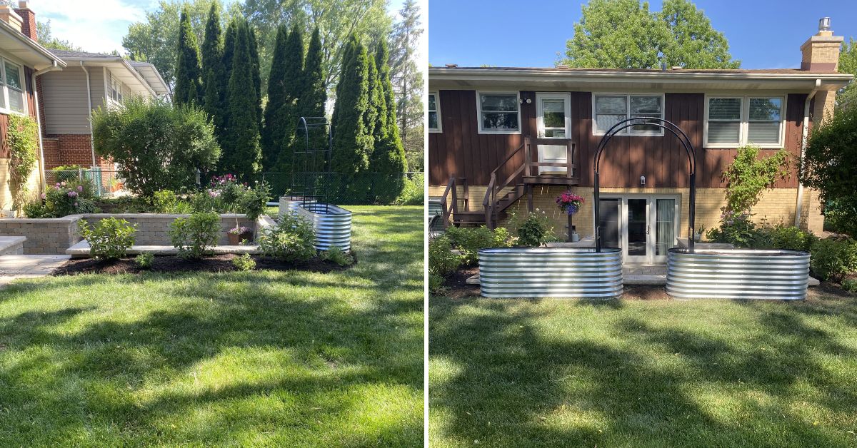 Residential landscape transformation in Mount Prospect, IL featuring Hydrangeas, Roses, river rock beds, mulch installation, and sump pump drainage extensions