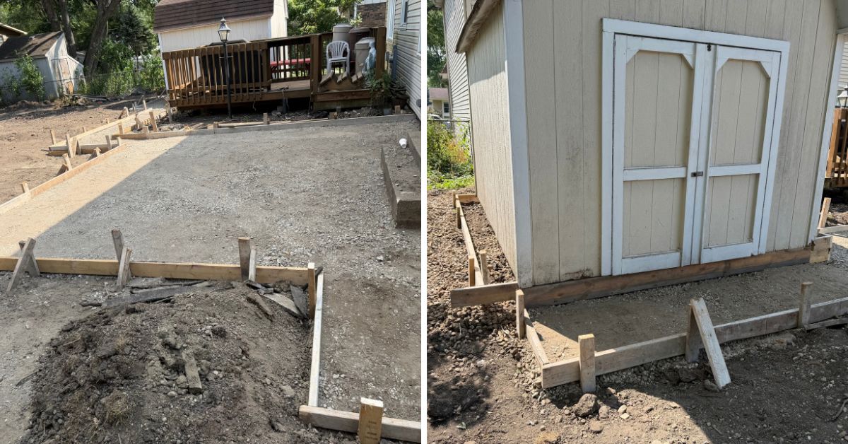 Designated backyard areas prepared for new concrete patio and sidewalk installation after pool demolition in Mount Prospect.