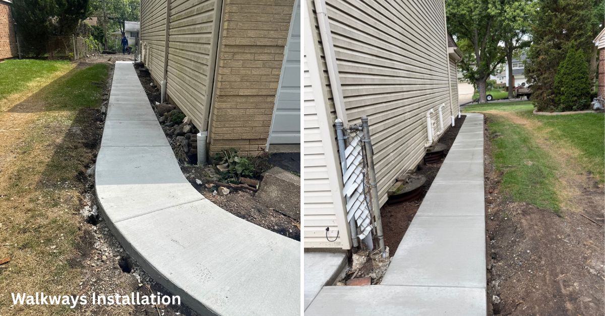 Newly installed concrete patio and sidewalk with a smooth, finished surface over a reinforced stone base.
