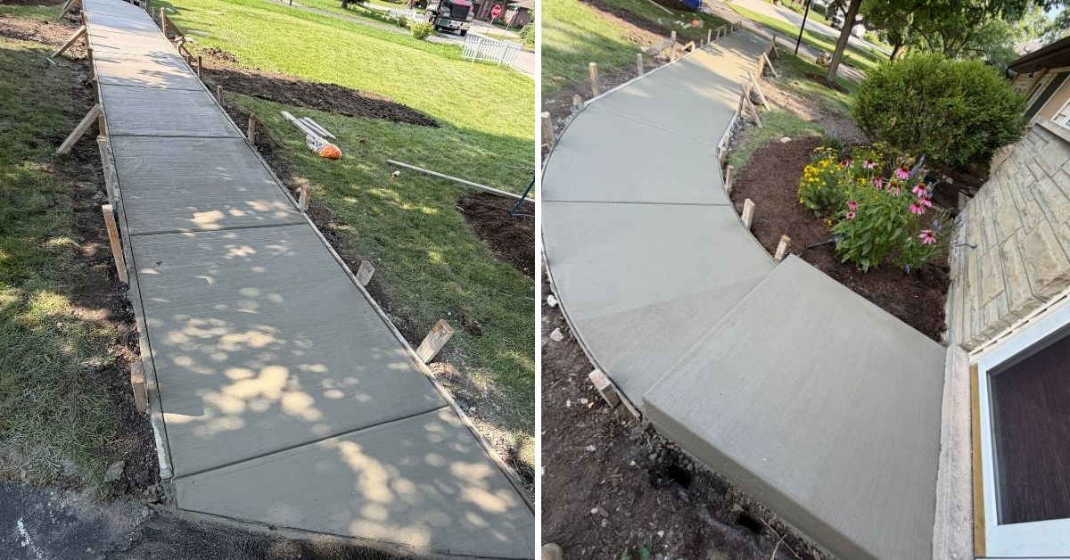 New concrete walkway installation in Long Grove, IL with stone base and wire mesh reinforcement