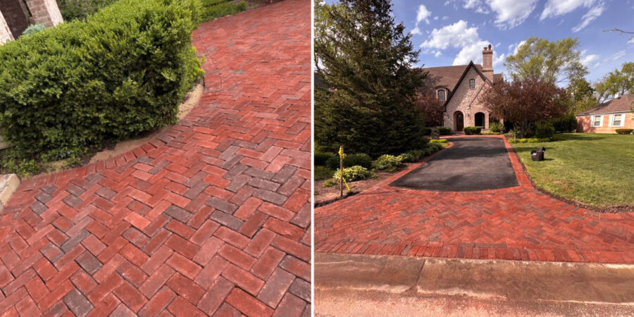Finished asphalt driveway, clay paver accents, concrete front steps, and Indiana Limestone entrance renovation in Northbrook Illinois