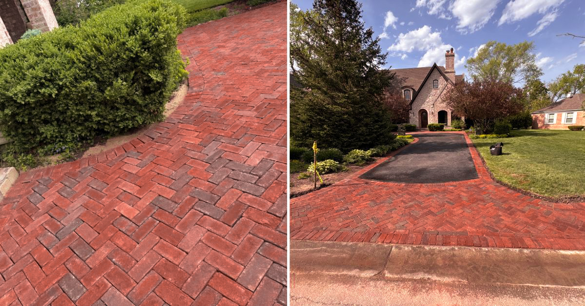 Finished asphalt driveway, clay paver accents, concrete front steps, and Indiana Limestone entrance renovation in Northbrook Illinois