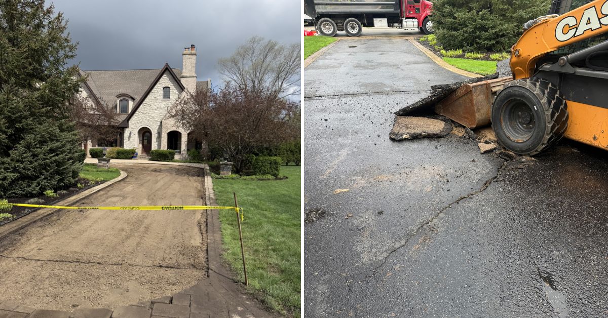 Excavation, base preparation, and asphalt driveway installation process during front entrance renovation project in Northbrook Illinois