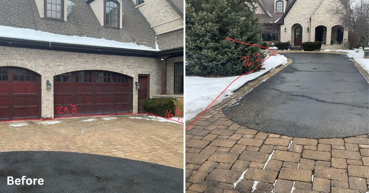 Excavation, base preparation, and asphalt driveway installation process during front entrance renovation project in Northbrook Illinois