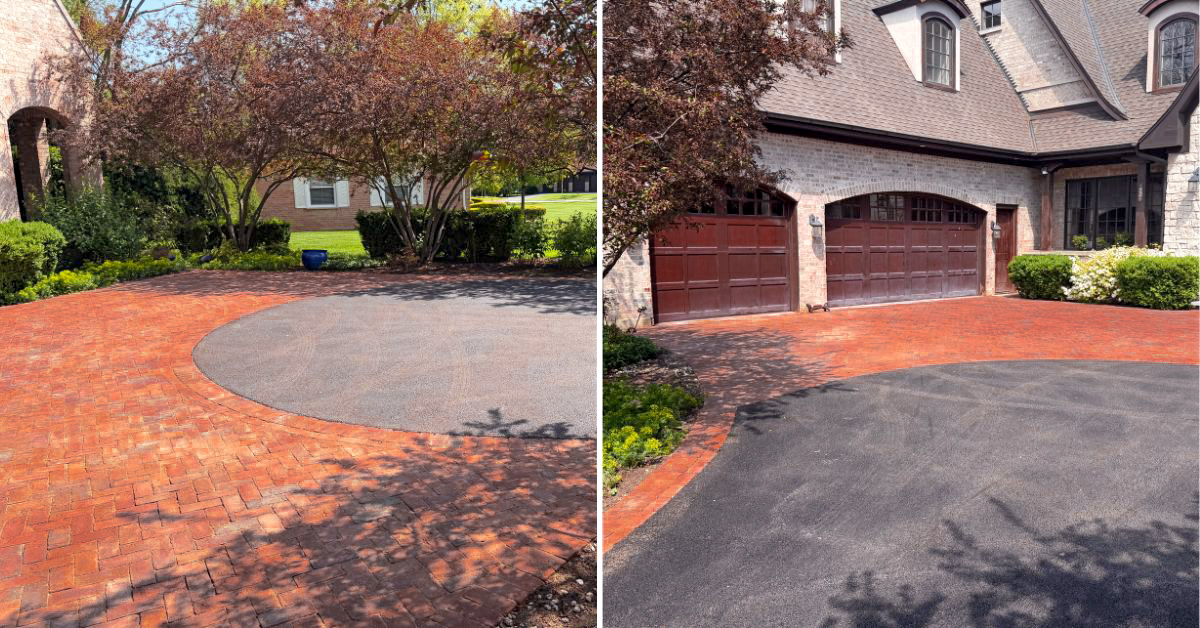 Finished asphalt driveway, clay paver accents, concrete front steps, and Indiana Limestone entrance renovation in Northbrook Illinois