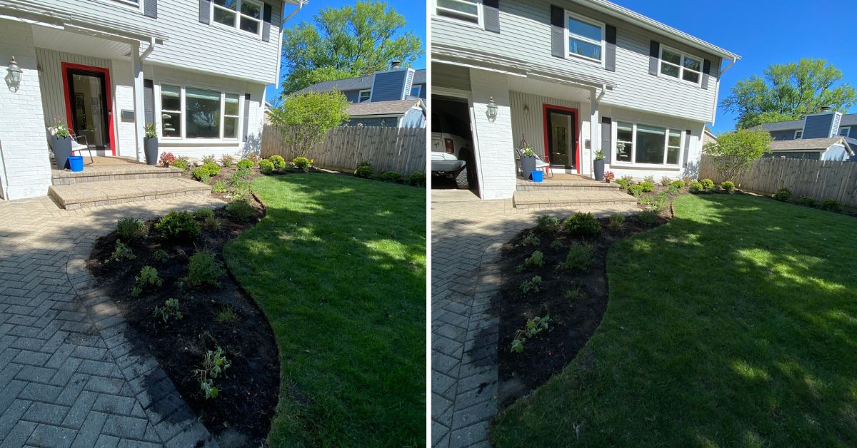 Residential landscape renovation project in Northbrook featuring hydrangeas, boxwoods, ornamental grasses, decorative river rock, fresh mulch, outdoor lighting, and a natural flagstone pathway.