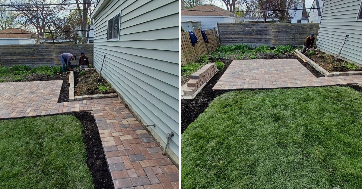 Holland Stone brick patio construction with custom fire pit, grading improvements, and landscape enhancements in Kenilworth