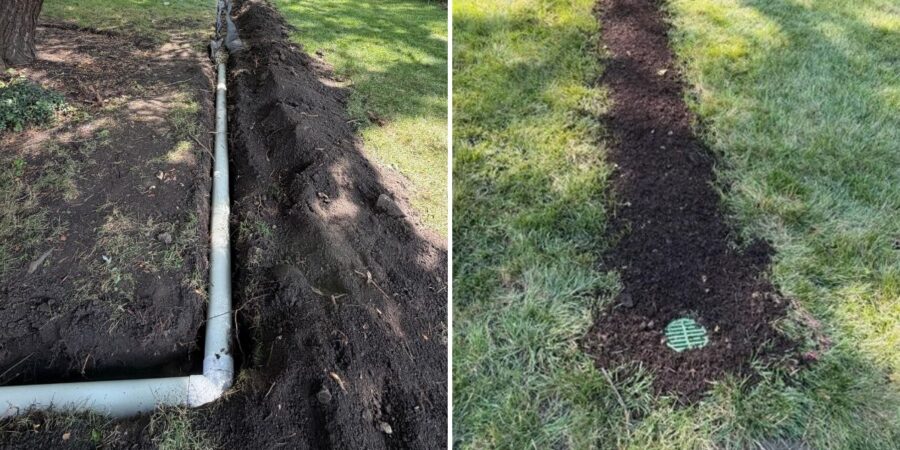 Drainage improvements in Harwood Heights, IL with underground PVC piping, grading, pea gravel, swale construction, and downspout connections.