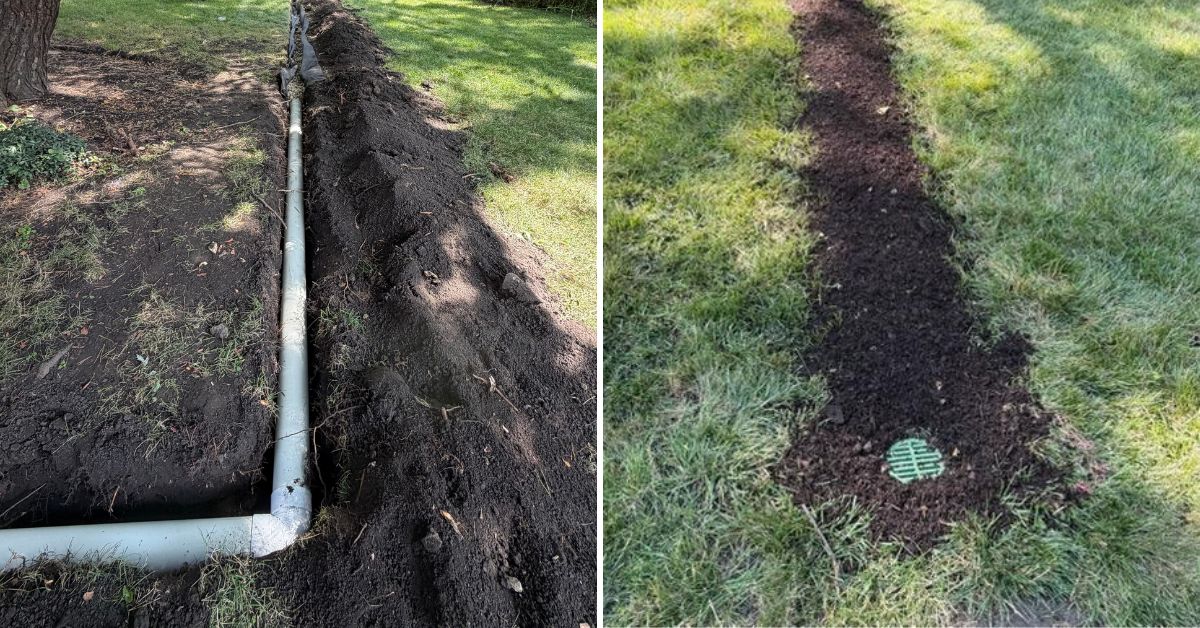 Drainage improvements in Harwood Heights, IL with underground PVC piping, grading, pea gravel, swale construction, and downspout connections.