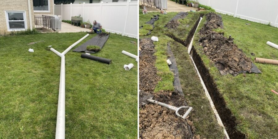 PVC drainage system improvements in Lake Zurich, IL featuring solid PVC pipe installation, upgraded surface discharge outlets, and improved residential water management.