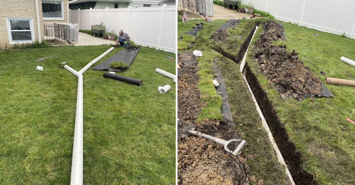 PVC drainage system improvements in Lake Zurich, IL featuring solid PVC pipe installation, upgraded surface discharge outlets, and improved residential water management.