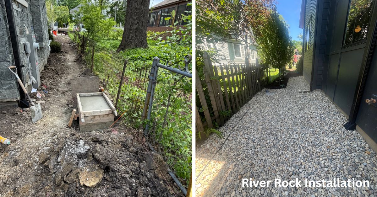 Park Ridge, IL landscape project featuring new plantings, concrete patios and walkways, porcelain tile, stonework, drainage, landscape lighting, and custom ornamental steel fencing.
