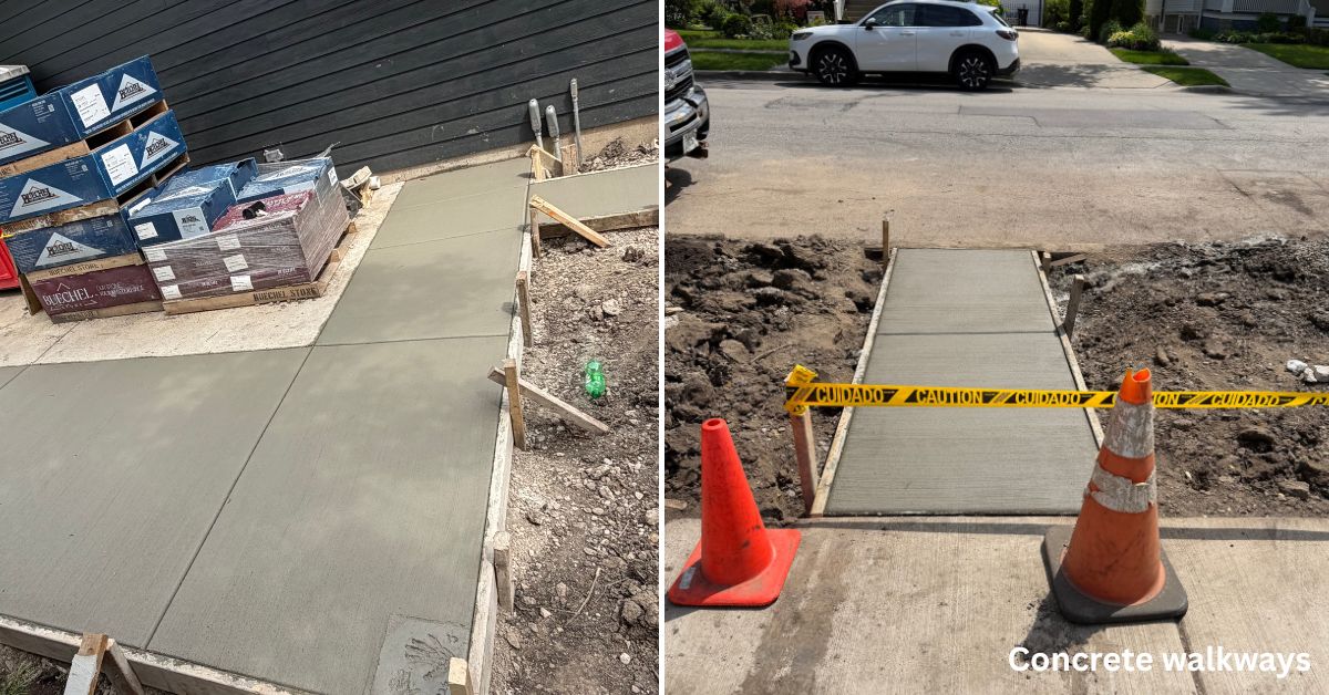 Park Ridge, IL landscape project featuring new plantings, concrete patios and walkways, porcelain tile, stonework, drainage, landscape lighting, and custom ornamental steel fencing.